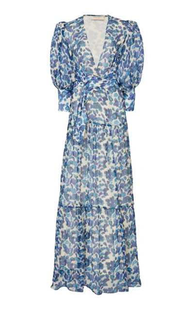 Shop Adriana Degreas Floral-print Silk-chiffon Maxi Dress In Blue