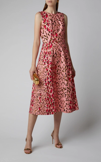 Shop Carolina Herrera Leopard-print Cotton-blend Midi Dress In Pink