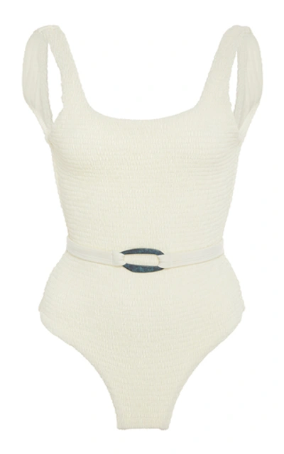 Shop Palm Maya Smocked Belted Swimsuit In White