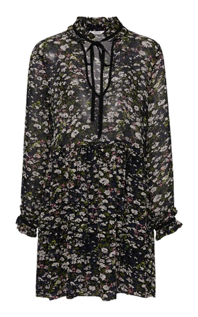 Shop Ganni Tie-neck Floral-print Georgette Mini Dress
