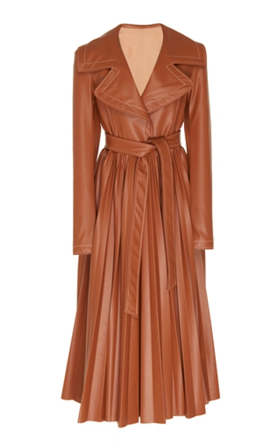 Shop A.w.a.k.e. Belted Pleated Faux Leather Coat In Brown