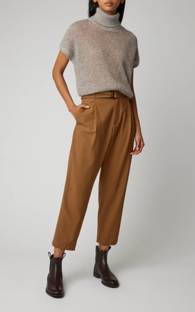 Shop Brunello Cucinelli Cropped Belted Stretch-wool Pants In Brown