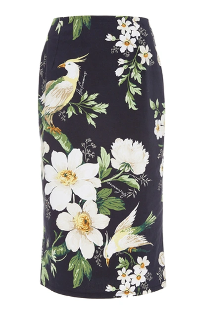 Shop Carolina Herrera Midnight Garden High-waisted Floral-print Cotton-blen In Black