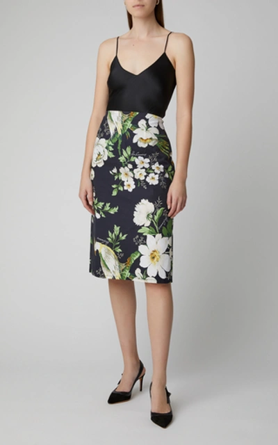 Shop Carolina Herrera Midnight Garden High-waisted Floral-print Cotton-blen In Black