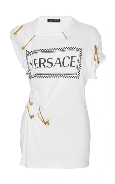 Shop Versace True Pins Cotton Logo Top In White