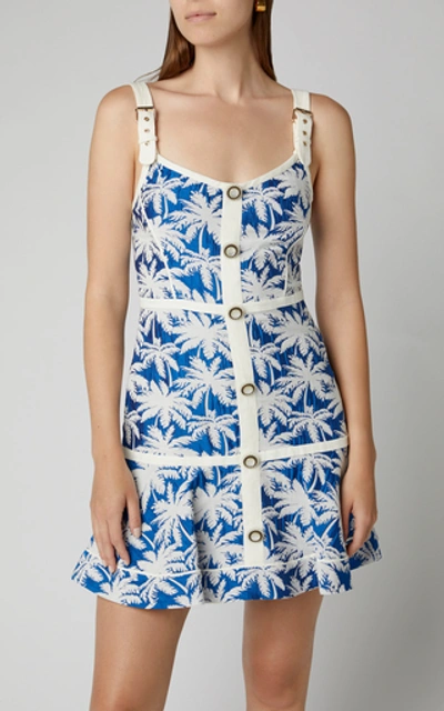 Shop Alexis Lisel Printed Buckle-detailed Jacquard Mini Dress In Blue