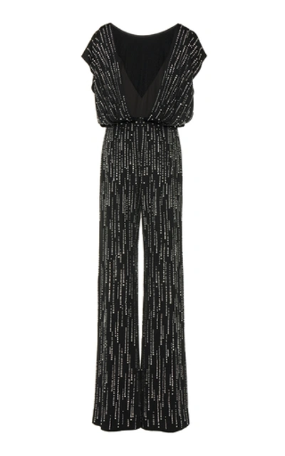 Shop Jenny Packham Evita Sequined Satin Jumpsuit In Navy