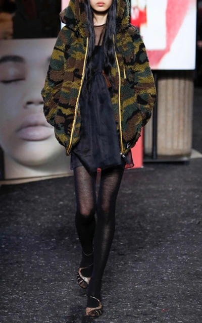 Shop Miu Miu Hooded Camo Teddy Jacket In Green