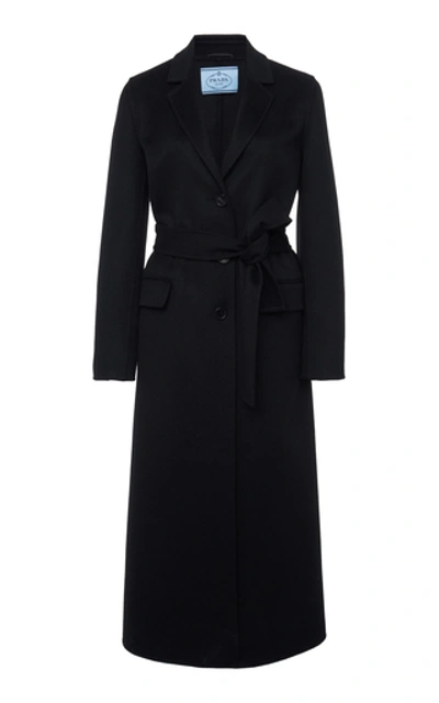 Shop Prada Belted Wool-felt Coat In Black