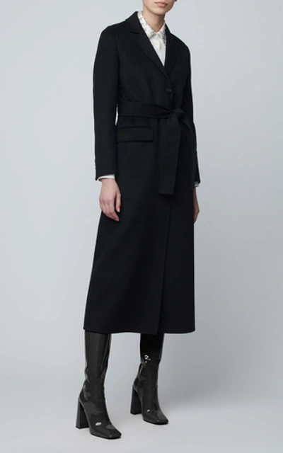 Shop Prada Belted Wool-felt Coat In Black