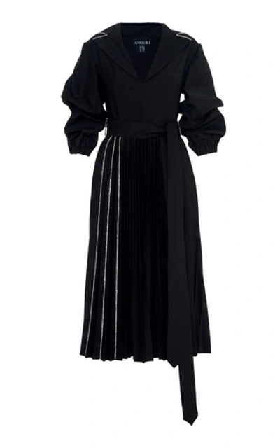 Shop Anouki Pleated Crystal-embellished Wool-effect Midi Dress In Black
