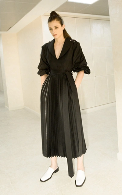 Shop Anouki Pleated Crystal-embellished Wool-effect Midi Dress In Black