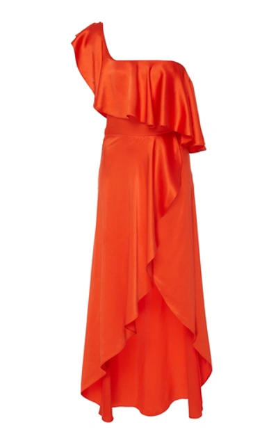 Shop Alexis Austyn One-shoulder Ruffled Silk Dress In Red
