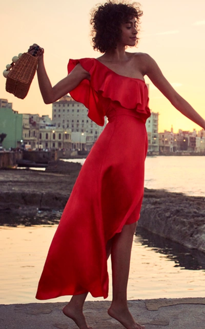 Shop Alexis Austyn One-shoulder Ruffled Silk Dress In Red