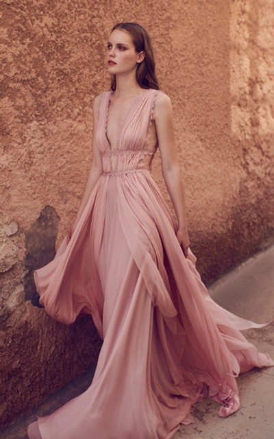 Shop Costarellos Caged-bodice Silk-chiffon Gown In Pink