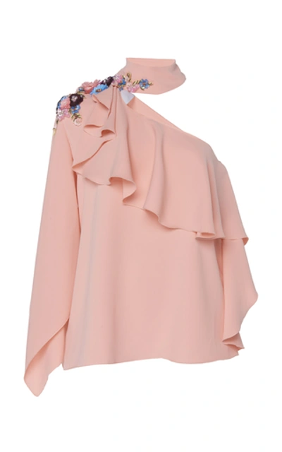 Shop Costarellos Crystal-embellished One-shoulder Crepe Blouse In Pink