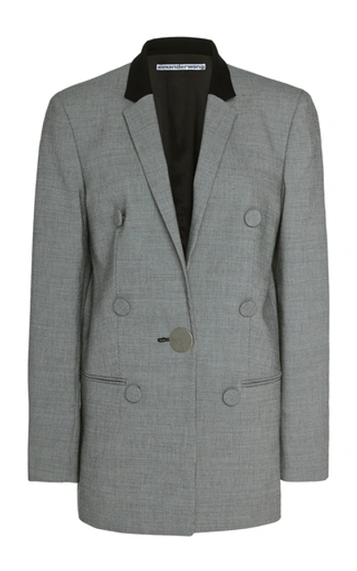 Shop Alexander Wang Leather-trimmed Houndstooth Wool Blazer In Grey