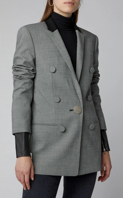 Shop Alexander Wang Leather-trimmed Houndstooth Wool Blazer In Grey