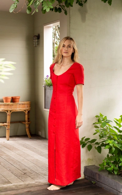 Shop Rebecca De Ravenel Lots Of Love Button-detailed Linen Maxi Dress In Red