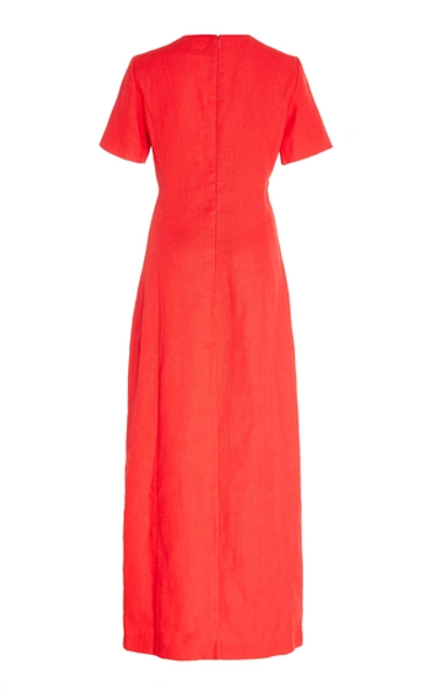 Shop Rebecca De Ravenel Lots Of Love Button-detailed Linen Maxi Dress In Red