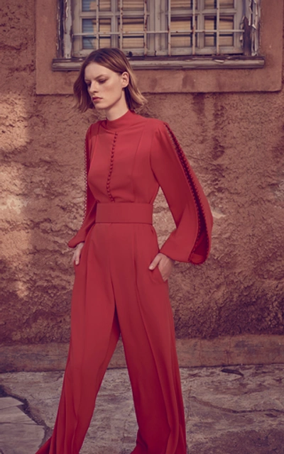 Shop Costarellos High-neck Crepe Jumpsuit In Red