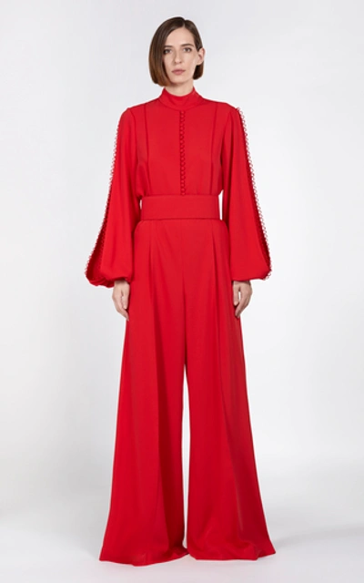 Shop Costarellos High-neck Crepe Jumpsuit In Red