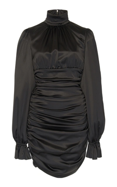 Shop Dolce & Gabbana Flared Cuff Ruched Satin Mini Dress In Black