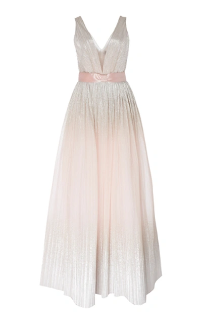 Shop Jenny Packham Romy Pleated Foil V-neck Gown In Pink