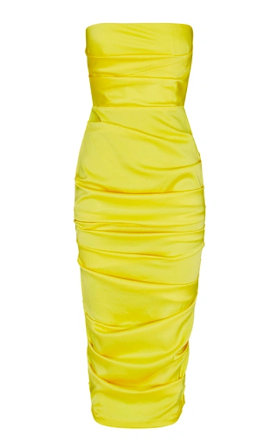 Shop Alex Perry Ace Strapless Ruched Satin Midi Dress In Yellow