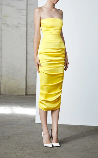 Shop Alex Perry Ace Strapless Ruched Satin Midi Dress In Yellow