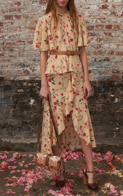 Shop Michael Kors Ruffled Floral-print Silk-crepe Midi Dress Siz