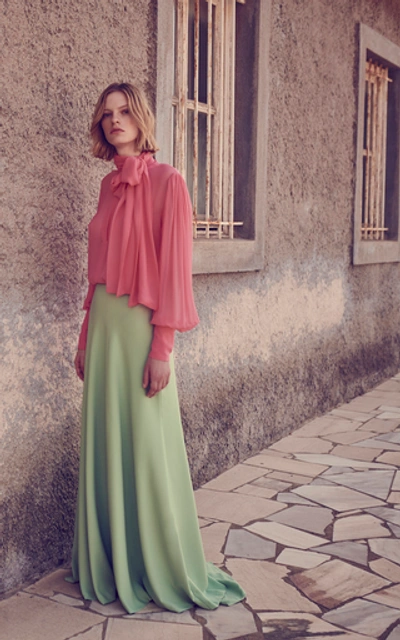Shop Costarellos Crepe High-waist Maxi Skirt In Green