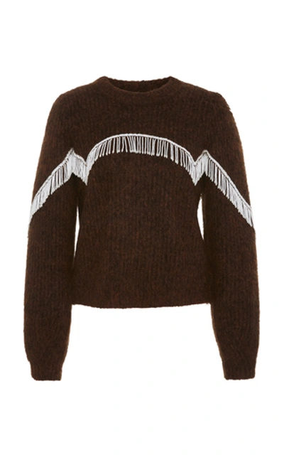 Shop Ganni Beaded Fringed Cable-knit Sweater In Brown