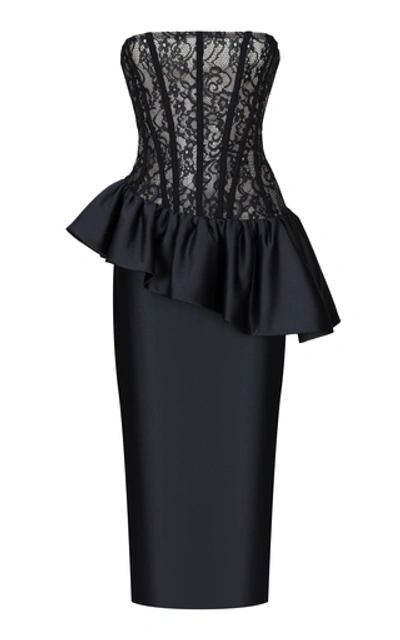 Shop Rasario Ruffled Satin And Lace Corset Midi Dress In Black