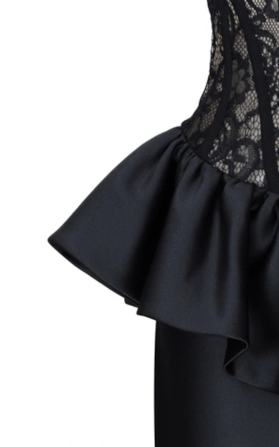Shop Rasario Ruffled Satin And Lace Corset Midi Dress In Black
