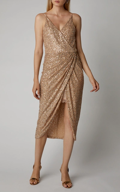 Shop Jonathan Simkhai Wrap-effect Sequined Chiffon Midi Dress In Gold