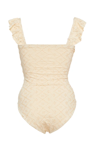 Shop Agua By Agua Bendita Nativa Broderie Ruffled One-piece Swimsuit In Neutral