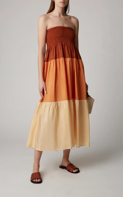 Shop Anaak Clara Shirred Silk-crepe De Chine Midi Dress In Orange