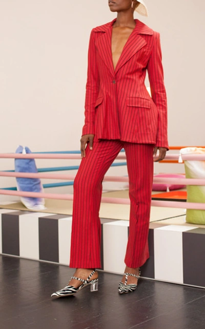 Shop Rosie Assoulin Blaze Your Saddles Pinstriped Stretch Wool-twill Blazer In Red