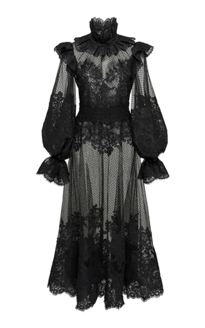Shop Zimmermann Ruffled Flocked Tulle Maxi Dress In Black