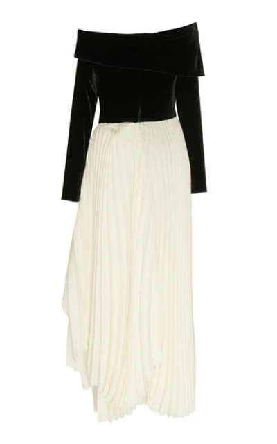 Shop A.w.a.k.e. Catherine Velvet-paneled Pleated Crepe Dress In Black/white