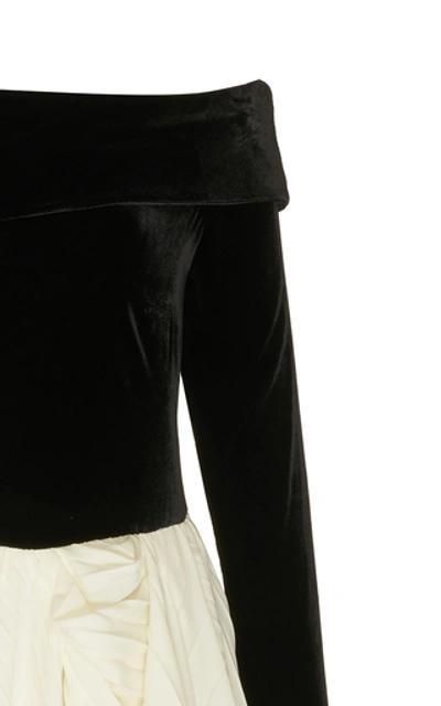 Shop A.w.a.k.e. Catherine Velvet-paneled Pleated Crepe Dress In Black/white