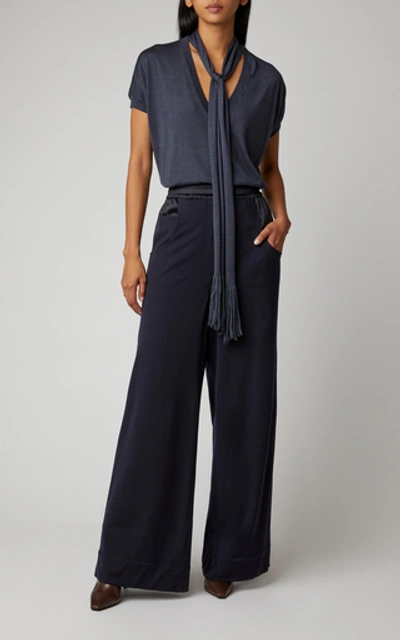 Shop Brunello Cucinelli Satin-paneled Wool-blend Wide-leg Pants In Blue