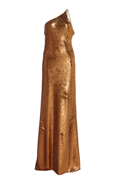 Shop Galvan Gilded Roxy One-shoulder Sequined Georgette Gown In Gold