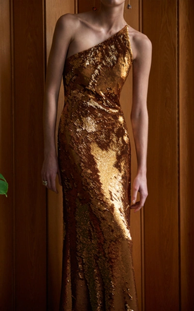 Shop Galvan Gilded Roxy One-shoulder Sequined Georgette Gown In Gold