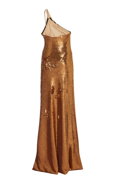 Shop Galvan Gilded Roxy One-shoulder Sequined Georgette Gown In Gold