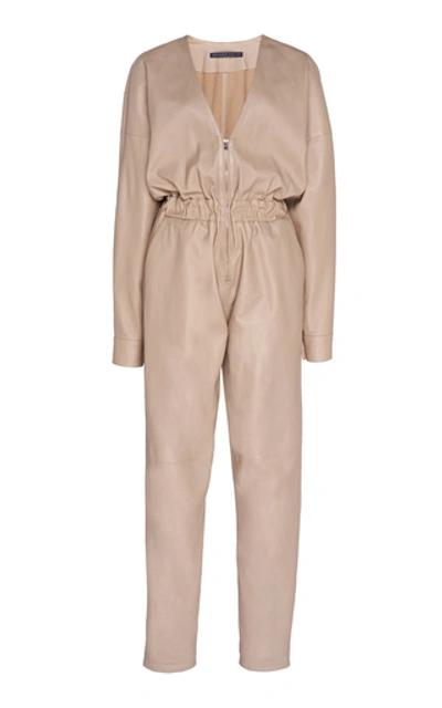 Shop Zeynep Arcay Ruched Leather Jumpsuit In Neutral