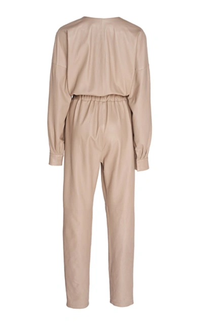 Shop Zeynep Arcay Ruched Leather Jumpsuit In Neutral