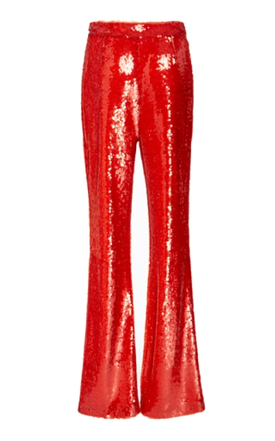 Shop Sally Lapointe Sequin Embroidered Flare Leg Pants In Red