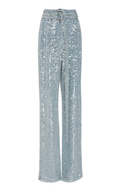 Shop Sally Lapointe Sequined Crepe Straight-leg Pants In Blue